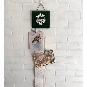 Seasons Greetings Holiday Card Holder Green Wooden Topper Gold Sparkle Ribbon